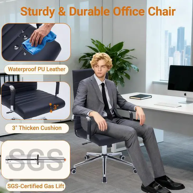 Alt view image 5 of 7 - Ergonomic Office Chair, Executive PU Leather Desk Chair with Adjustable Lumbar Support and Smooth-Rolling Wheels for Home Office Conference Room, High Back, Black