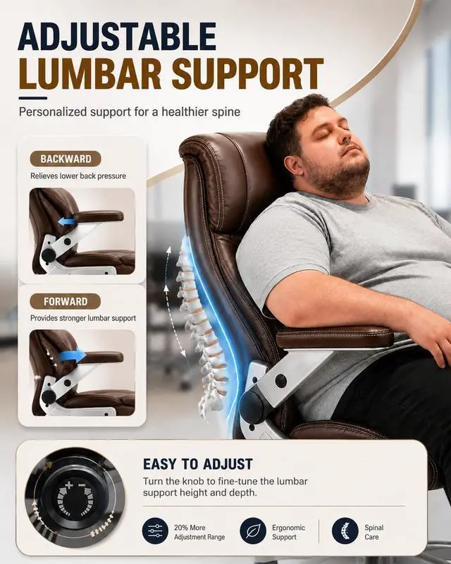 Alt view image 4 of 7 - 800lbs Big and Tall Office Chairs with 5D Flip Arms | Heavy Duty Desk Chair with Adjustable Lumbar Support, Office Chairs with Quiet Rubber Wheel and Extra Wide Seat