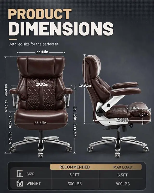 Alt view image 2 of 7 - 800lbs Big and Tall Office Chairs with 5D Flip Arms | Heavy Duty Desk Chair with Adjustable Lumbar Support, Office Chairs with Quiet Rubber Wheel and Extra Wide Seat