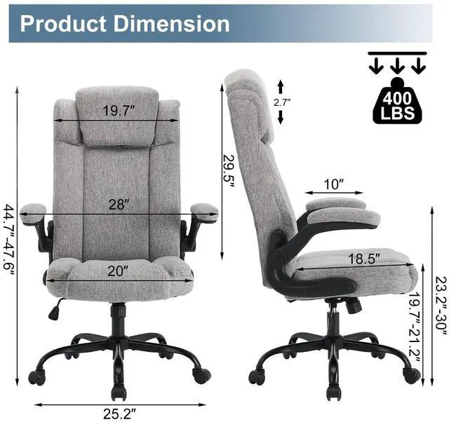 Alt view image 2 of 7 - High Back Fabric Office Chair Ergonomic Chair Adjustable Headrest | Fabric office chair with high back ergonomic support, adjustable headrest, flip-up arms, adjustable height and 90°-120° tilt