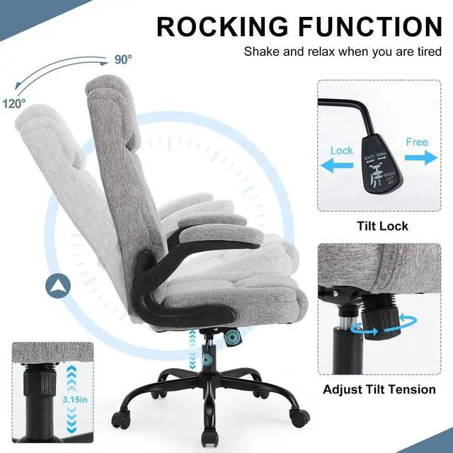 Alt view image 3 of 7 - High Back Fabric Office Chair Ergonomic Chair Adjustable Headrest | Fabric office chair with high back ergonomic support, adjustable headrest, flip-up arms, adjustable height and 90°-120° tilt