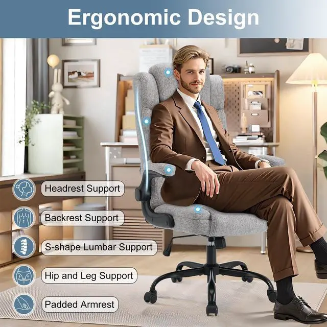 Alt view image 4 of 7 - High Back Fabric Office Chair Ergonomic Chair Adjustable Headrest | Fabric office chair with high back ergonomic support, adjustable headrest, flip-up arms, adjustable height and 90°-120° tilt