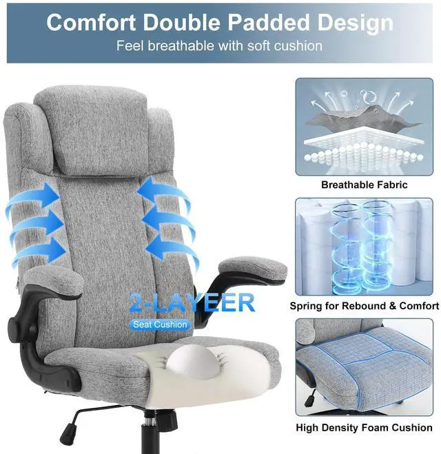 Alt view image 5 of 7 - High Back Fabric Office Chair Ergonomic Chair Adjustable Headrest | Fabric office chair with high back ergonomic support, adjustable headrest, flip-up arms, adjustable height and 90°-120° tilt