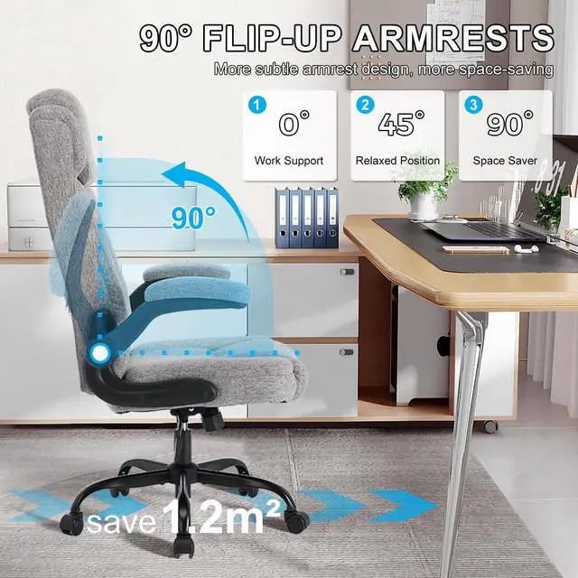 Alt view image 7 of 7 - High Back Fabric Office Chair Ergonomic Chair Adjustable Headrest | Fabric office chair with high back ergonomic support, adjustable headrest, flip-up arms, adjustable height and 90°-120° tilt