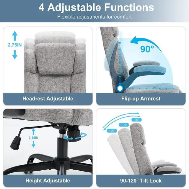 Alt view image 6 of 7 - High Back Fabric Office Chair Ergonomic Chair Adjustable Headrest | Fabric office chair with high back ergonomic support, adjustable headrest, flip-up arms, adjustable height and 90°-120° tilt