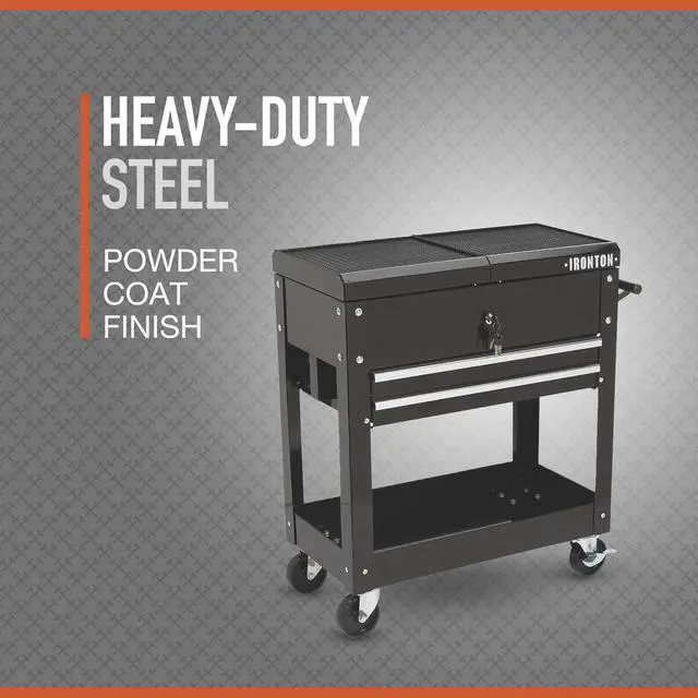 Alt view image 5 of 7 - 28in. 2-Drawer Rolling Tool Cart, 350-Lb., Locking Drawers | Heavy-duty steel frame, open lower tray, quick-access tool organization, garage/workshop/warehouse use, easy maneuvering