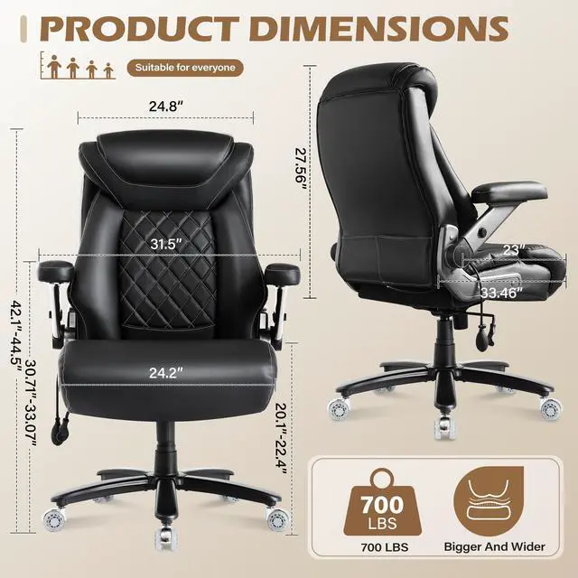 Alt view image 2 of 7 - 700lbs Leather Big and Tall Office Chair, Ergonomic Heavy Duty Executive Office Chair with 5D Flip Arms & Adjustable Lumbar Support & Dual Rubber Wheel, Large Thick Padded Extra Wide Seat, Black