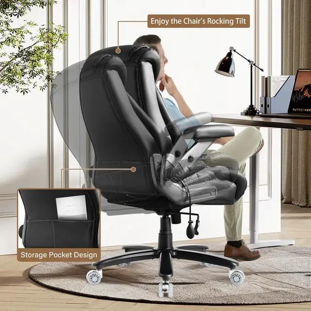Alt view image 4 of 7 - 700lbs Leather Big and Tall Office Chair, Ergonomic Heavy Duty Executive Office Chair with 5D Flip Arms & Adjustable Lumbar Support & Dual Rubber Wheel, Large Thick Padded Extra Wide Seat, Black