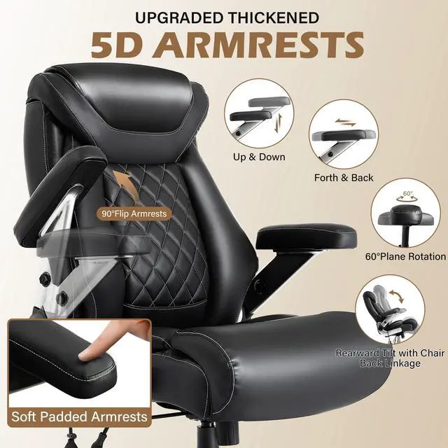 Alt view image 5 of 7 - 700lbs Leather Big and Tall Office Chair, Ergonomic Heavy Duty Executive Office Chair with 5D Flip Arms & Adjustable Lumbar Support & Dual Rubber Wheel, Large Thick Padded Extra Wide Seat, Black