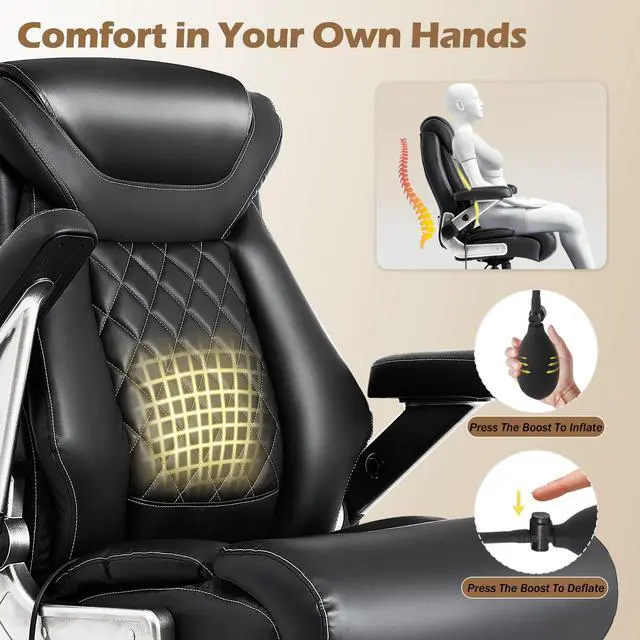 Alt view image 6 of 7 - 700lbs Leather Big and Tall Office Chair, Ergonomic Heavy Duty Executive Office Chair with 5D Flip Arms & Adjustable Lumbar Support & Dual Rubber Wheel, Large Thick Padded Extra Wide Seat, Black