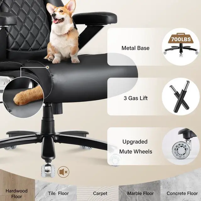 Alt view image 7 of 7 - 700lbs Leather Big and Tall Office Chair, Ergonomic Heavy Duty Executive Office Chair with 5D Flip Arms & Adjustable Lumbar Support & Dual Rubber Wheel, Large Thick Padded Extra Wide Seat, Black