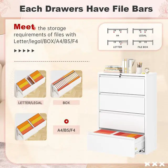 Alt view image 4 of 7 - Lateral File Cabinet 4 Drawer Metal File Cabinet with Lock, White Filing Cabinets for Home Office, Locking Filing Cabinets Hanging Files Letter/Legal/F4/A4