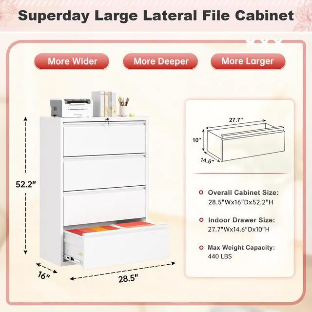 Alt view image 3 of 7 - Lateral File Cabinet 4 Drawer Metal File Cabinet with Lock, White Filing Cabinets for Home Office, Locking Filing Cabinets Hanging Files Letter/Legal/F4/A4