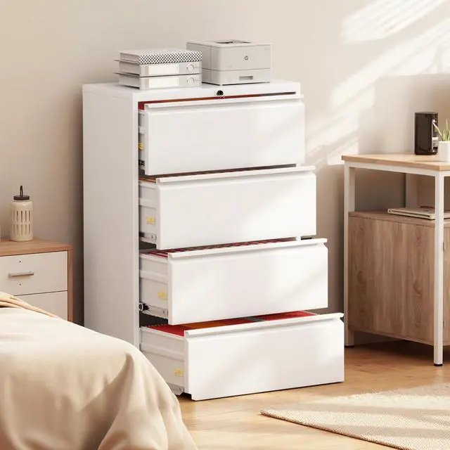 Alt view image 2 of 7 - Lateral File Cabinet 4 Drawer Metal File Cabinet with Lock, White Filing Cabinets for Home Office, Locking Filing Cabinets Hanging Files Letter/Legal/F4/A4