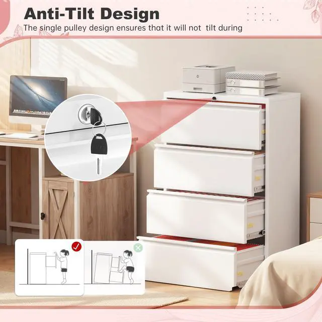 Alt view image 5 of 7 - Lateral File Cabinet 4 Drawer Metal File Cabinet with Lock, White Filing Cabinets for Home Office, Locking Filing Cabinets Hanging Files Letter/Legal/F4/A4
