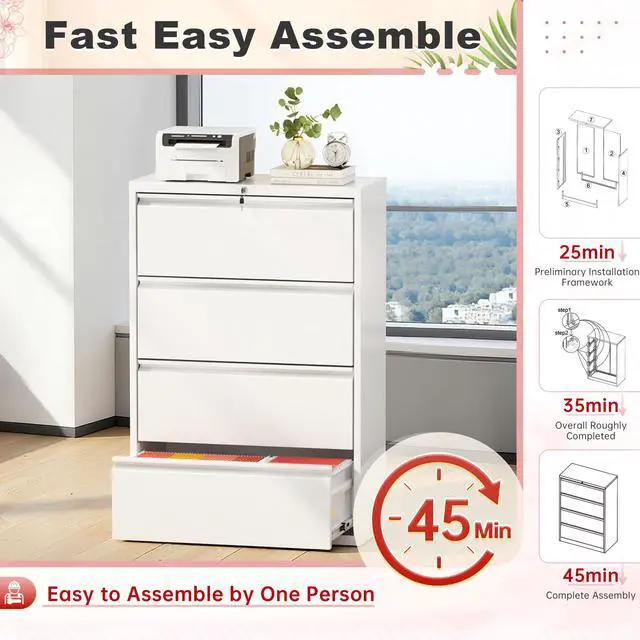 Alt view image 7 of 7 - Lateral File Cabinet 4 Drawer Metal File Cabinet with Lock, White Filing Cabinets for Home Office, Locking Filing Cabinets Hanging Files Letter/Legal/F4/A4