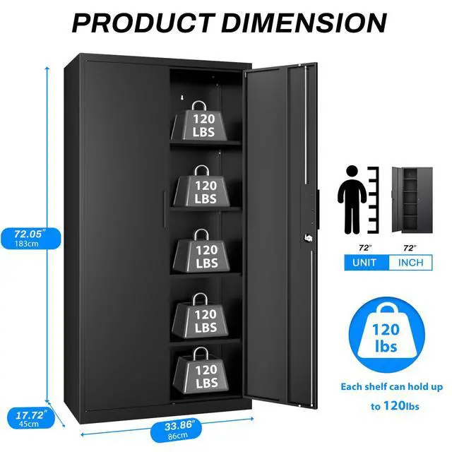 Alt view image 3 of 7 - Metal Garage Storage Cabinet, 72" Tall, Black | With Lock, Steel Storage Locker, 4 Adjustable Shelves, Heavy Duty