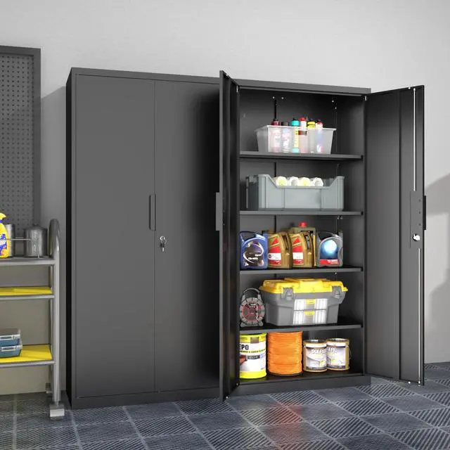 Alt view image 2 of 7 - Metal Garage Storage Cabinet, 72" Tall, Black | With Lock, Steel Storage Locker, 4 Adjustable Shelves, Heavy Duty