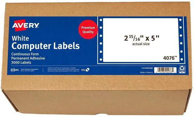 Main image of 4076 Dot Matrix Printer Shipping Labels, 1 Across, 2 15/16 x 5, White (Box of 3000)