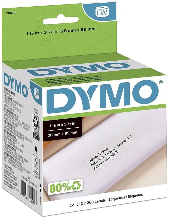 Main image of Authentic LW Mailing Address Labels for LabelWriter Label Printers, White, 1-1/8'' x 3-1/2'', 2 Rolls of 260 (30572)