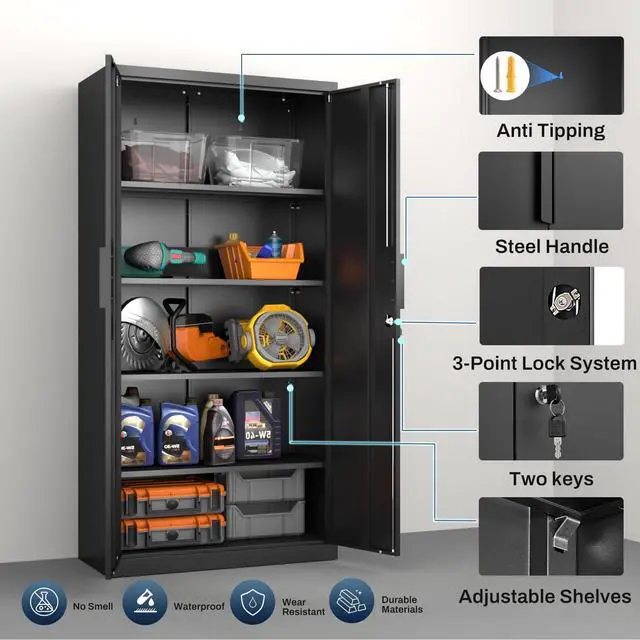 Alt view image 5 of 7 - Metal Garage Storage Cabinet, 72" Tall, Black | With Lock, Steel Storage Locker, 4 Adjustable Shelves, Heavy Duty