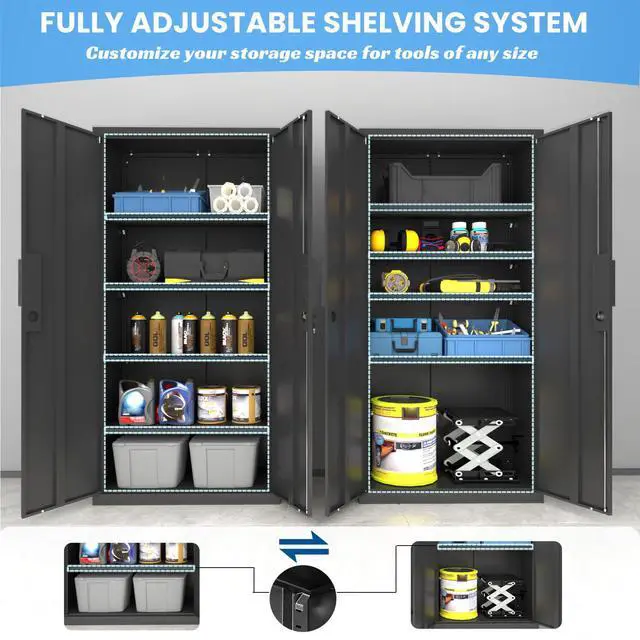 Alt view image 4 of 7 - Metal Garage Storage Cabinet, 72" Tall, Black | With Lock, Steel Storage Locker, 4 Adjustable Shelves, Heavy Duty