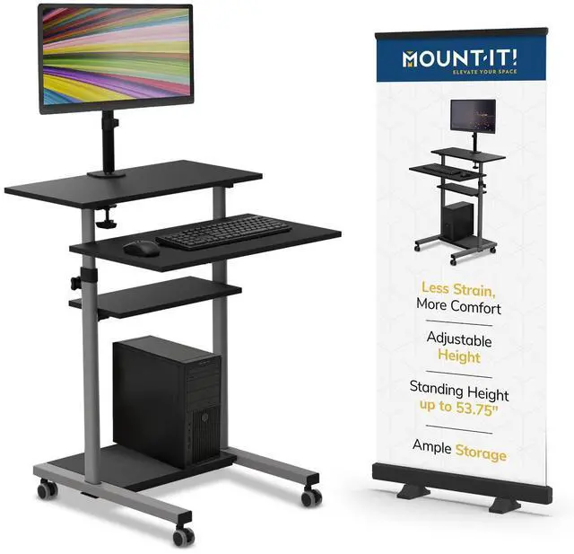 Main image of Mobile Computer Cart with Monitor Mount for Screen up to 32", Portable Desk on Wheels, Rolling Laptop Stand Teachers, Office, Classroom, Rise up to 53", Projector, Podium, Keyboard Tray