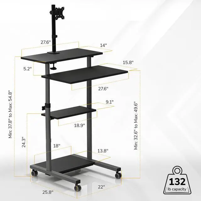 Alt view image 2 of 7 - Mobile Computer Cart with Monitor Mount for Screen up to 32", Portable Desk on Wheels, Rolling Laptop Stand Teachers, Office, Classroom, Rise up to 53", Projector, Podium, Keyboard Tray