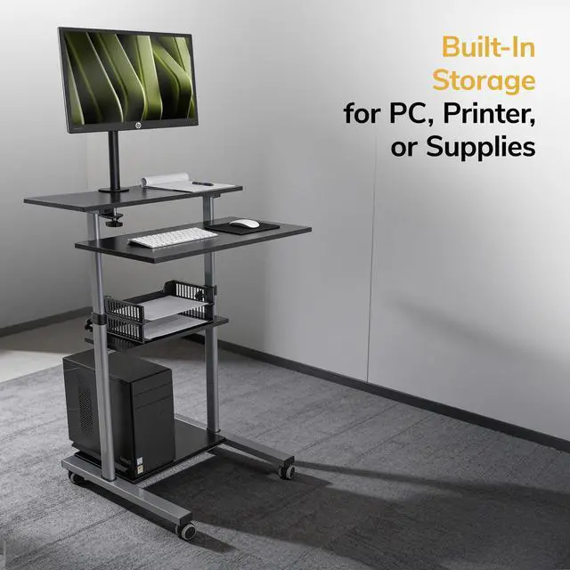 Alt view image 6 of 7 - Mobile Computer Cart with Monitor Mount for Screen up to 32", Portable Desk on Wheels, Rolling Laptop Stand Teachers, Office, Classroom, Rise up to 53", Projector, Podium, Keyboard Tray