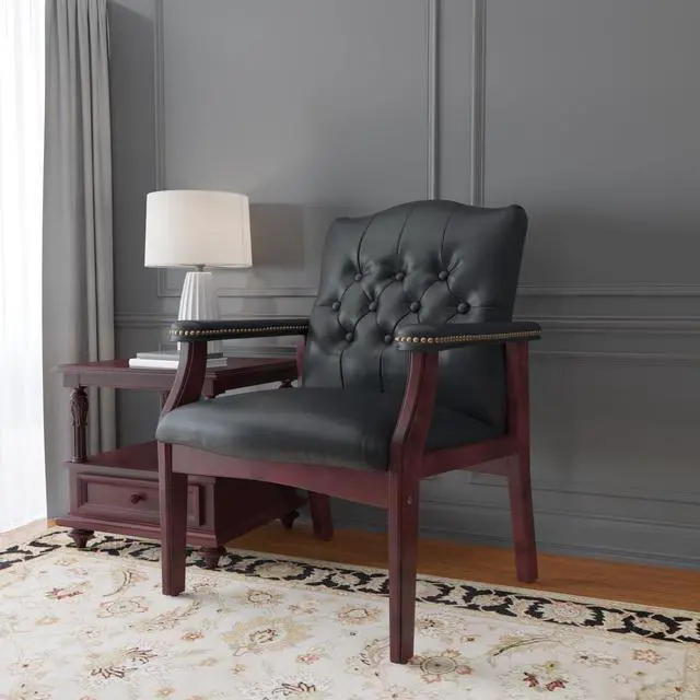 Alt view image 2 of 7 - Traditional Caressoft Vinyl Guest Chair with Mahogany Finish Wood Base, Black