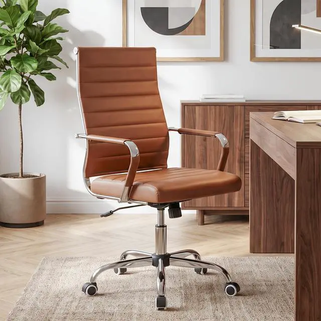 Main image of Brown Conference Room Chairs, Modern Ergonomic PU Leather Office Desk Chair Ribbed for Office, High Back Executive Swivel Rolling Task Chair for Home