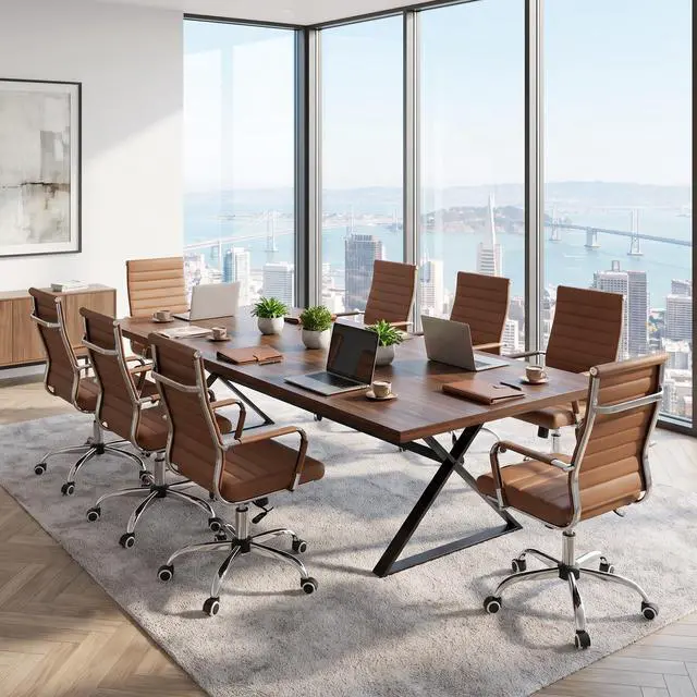 Alt view image 3 of 7 - Brown Conference Room Chairs, Modern Ergonomic PU Leather Office Desk Chair Ribbed for Office, High Back Executive Swivel Rolling Task Chair for Home