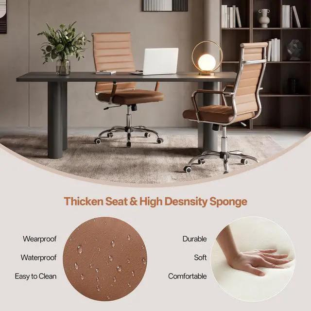 Alt view image 4 of 7 - Brown Conference Room Chairs, Modern Ergonomic PU Leather Office Desk Chair Ribbed for Office, High Back Executive Swivel Rolling Task Chair for Home