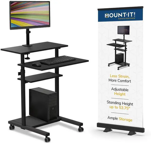 Main image of Mobile Computer Cart with Monitor Mount for Screen up to 32", Portable Desk on Wheels, Rolling Laptop Stand for Teachers, Office, Classroom, Rise up to 53", Podium, Keyboard Tray, Black