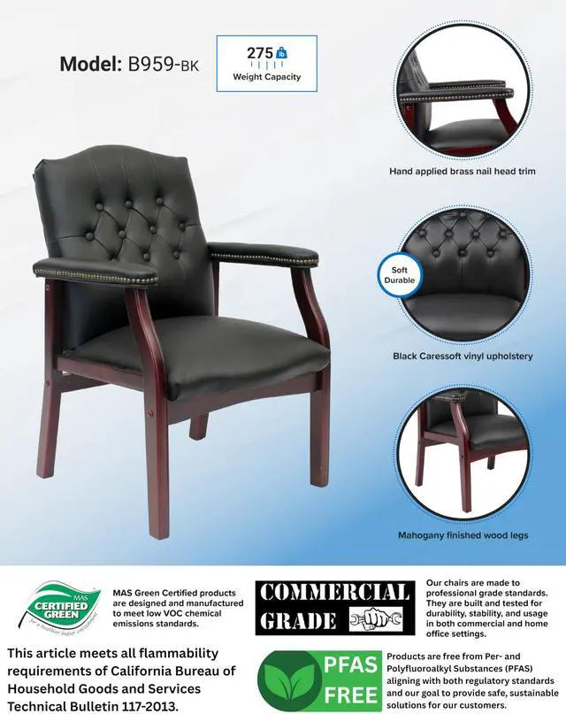 Alt view image 5 of 7 - Traditional Caressoft Vinyl Guest Chair with Mahogany Finish Wood Base, Black