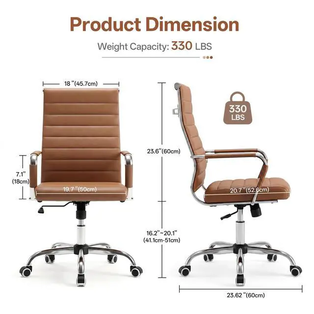 Alt view image 2 of 7 - Brown Conference Room Chairs, Modern Ergonomic PU Leather Office Desk Chair Ribbed for Office, High Back Executive Swivel Rolling Task Chair for Home