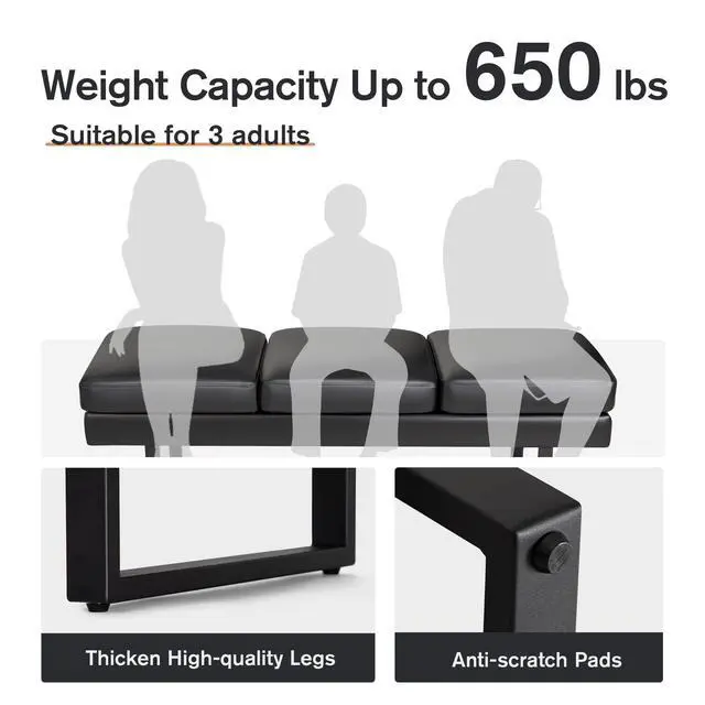 Alt view image 6 of 7 - Waiting Room Chairs Faux Leather Office Guest Chair, 59.6 Inches Conference Room Chairs 3 Seats Upholstered Reception Bench, Lobby Furniture for Salon and Shop, Black