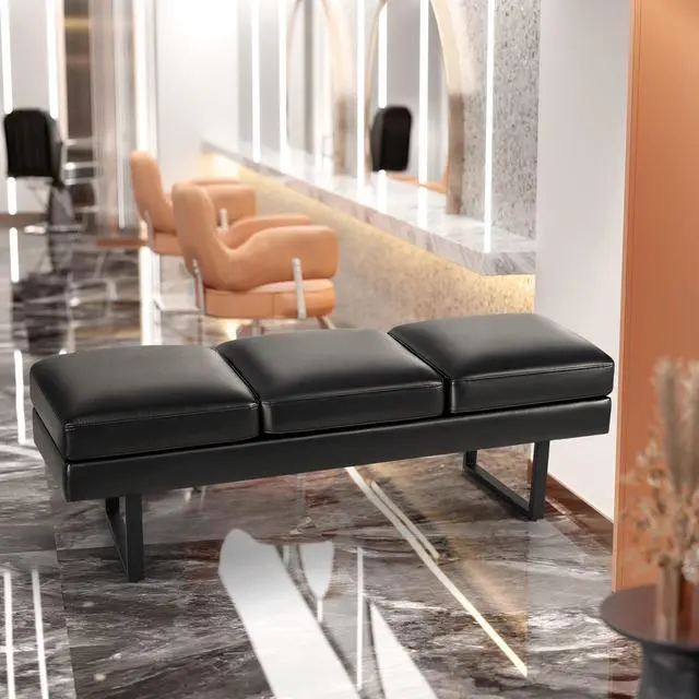 Alt view image 7 of 7 - Waiting Room Chairs Faux Leather Office Guest Chair, 59.6 Inches Conference Room Chairs 3 Seats Upholstered Reception Bench, Lobby Furniture for Salon and Shop, Black