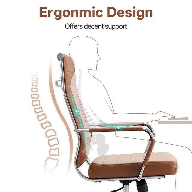 Alt view image 5 of 7 - Brown Conference Room Chairs, Modern Ergonomic PU Leather Office Desk Chair Ribbed for Office, High Back Executive Swivel Rolling Task Chair for Home