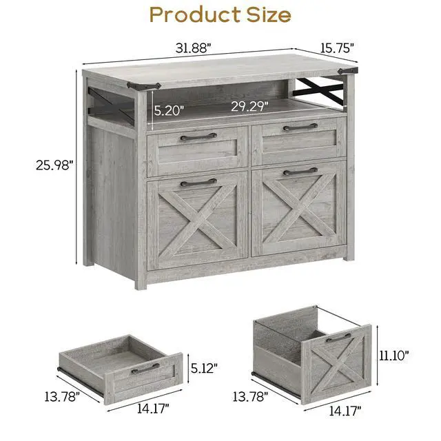 Alt view image 2 of 7 - Farmhouse Home Office File Cabinet with 4 Drawer, Grey | Lateral Filing Cabinet with Open Storage Shelf, Filing Organizer Fits Letter/A4 Size, Document Storage Printer Stand