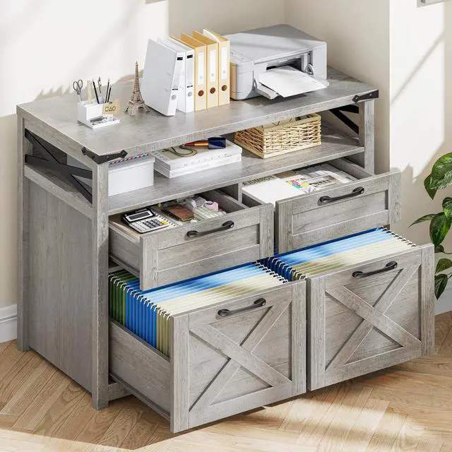 Alt view image 3 of 7 - Farmhouse Home Office File Cabinet with 4 Drawer, Grey | Lateral Filing Cabinet with Open Storage Shelf, Filing Organizer Fits Letter/A4 Size, Document Storage Printer Stand