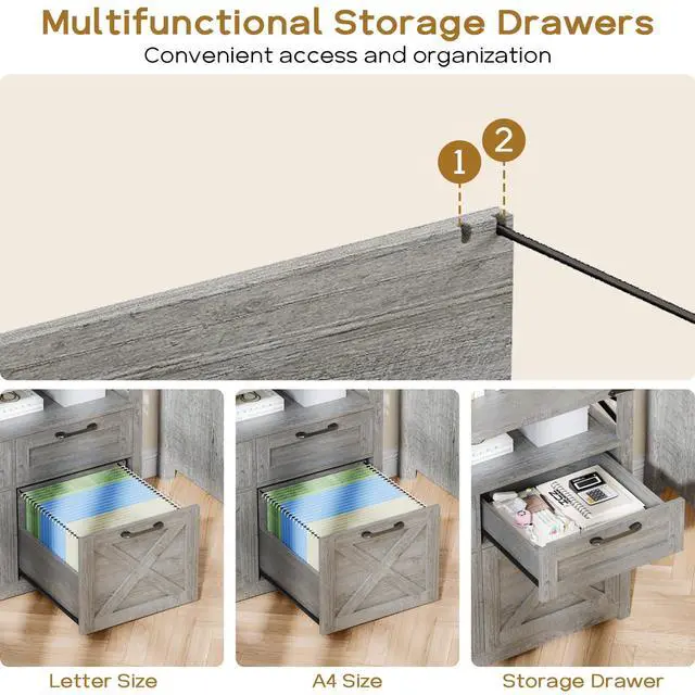 Alt view image 4 of 7 - Farmhouse Home Office File Cabinet with 4 Drawer, Grey | Lateral Filing Cabinet with Open Storage Shelf, Filing Organizer Fits Letter/A4 Size, Document Storage Printer Stand