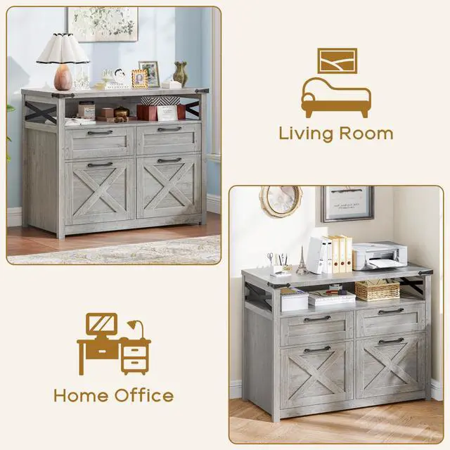 Alt view image 6 of 7 - Farmhouse Home Office File Cabinet with 4 Drawer, Grey | Lateral Filing Cabinet with Open Storage Shelf, Filing Organizer Fits Letter/A4 Size, Document Storage Printer Stand