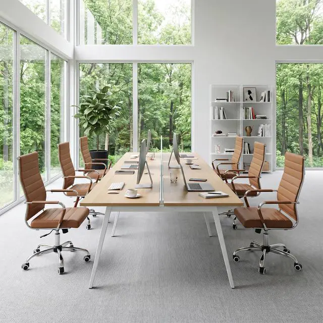 Alt view image 7 of 7 - Brown Conference Room Chairs, Modern Ergonomic PU Leather Office Desk Chair Ribbed for Office, High Back Executive Swivel Rolling Task Chair for Home