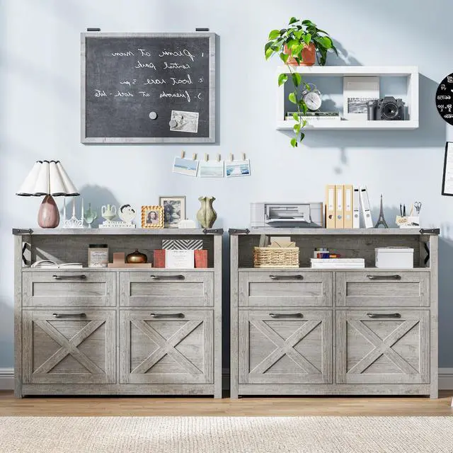 Alt view image 7 of 7 - Farmhouse Home Office File Cabinet with 4 Drawer, Grey | Lateral Filing Cabinet with Open Storage Shelf, Filing Organizer Fits Letter/A4 Size, Document Storage Printer Stand
