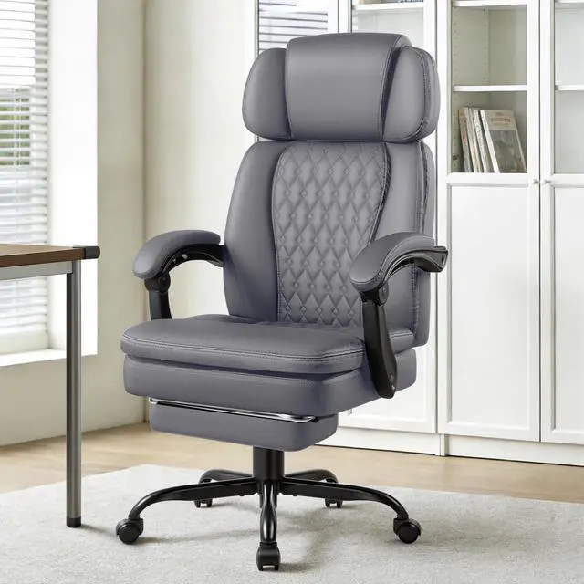 Alt view image 2 of 7 - Office Chair with Foot Rest 400lbs, Heavy Duty Executive Leather Office Chair for Heavy People,Big and Tall High Back Ergonomic Comfy Office Desk Chair with Lumbar Support,Grey