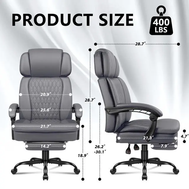 Alt view image 3 of 7 - Office Chair with Foot Rest 400lbs, Heavy Duty Executive Leather Office Chair for Heavy People,Big and Tall High Back Ergonomic Comfy Office Desk Chair with Lumbar Support,Grey