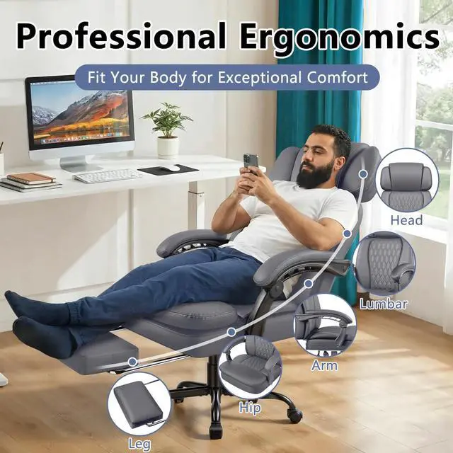 Alt view image 6 of 7 - Office Chair with Foot Rest 400lbs, Heavy Duty Executive Leather Office Chair for Heavy People,Big and Tall High Back Ergonomic Comfy Office Desk Chair with Lumbar Support,Grey
