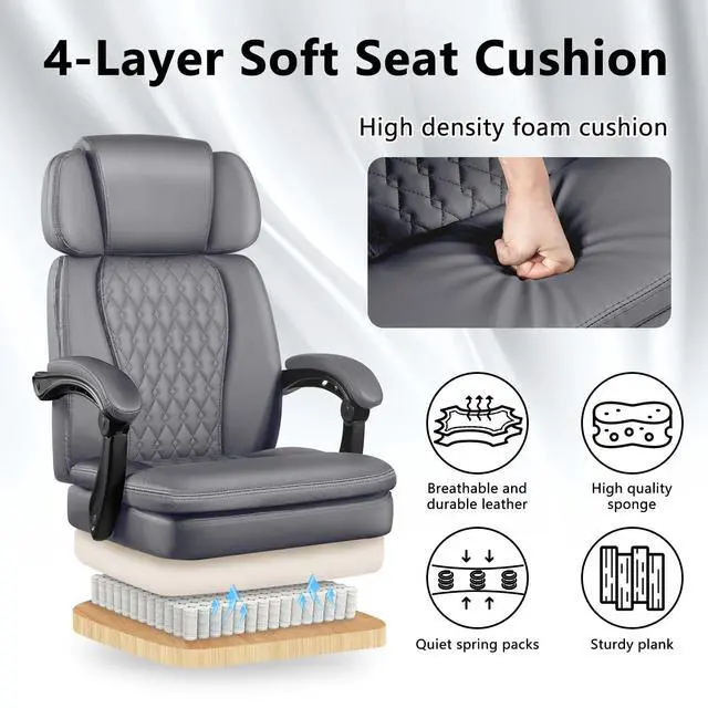 Alt view image 7 of 7 - Office Chair with Foot Rest 400lbs, Heavy Duty Executive Leather Office Chair for Heavy People,Big and Tall High Back Ergonomic Comfy Office Desk Chair with Lumbar Support,Grey