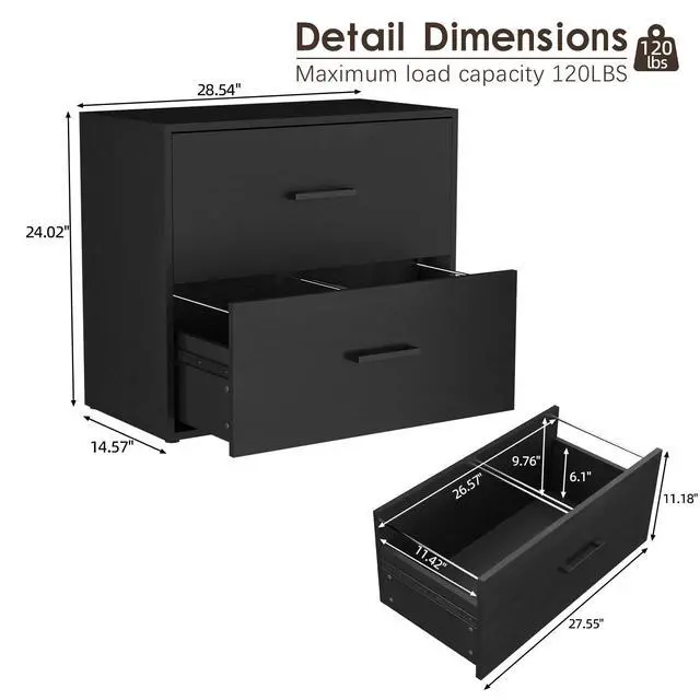 Alt view image 3 of 7 - File Cabinet, 2 Drawer Lateral Filing Cabinet with Hanging Bars for Letters, Black File Cabinets for Home Office, Large Printer Stand, Wood Office Storage Cabinet